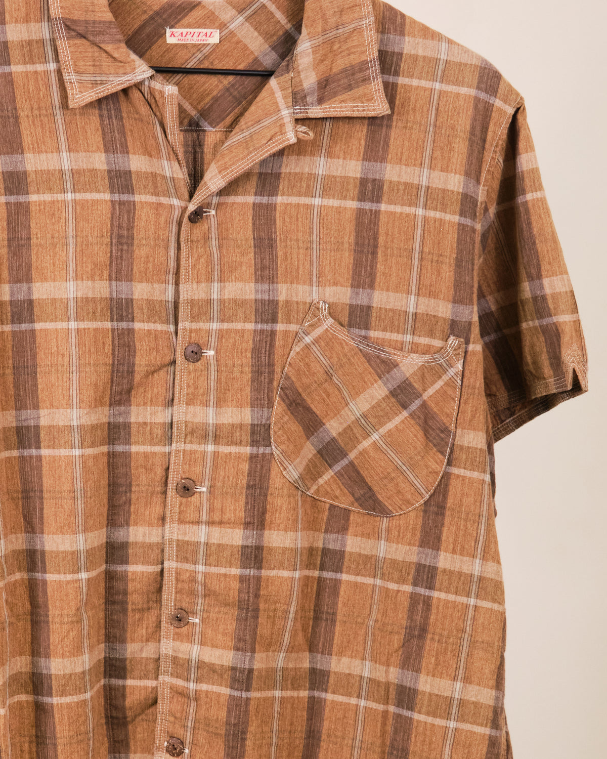 Kapital Linen Blend Check Open Collar Shirt