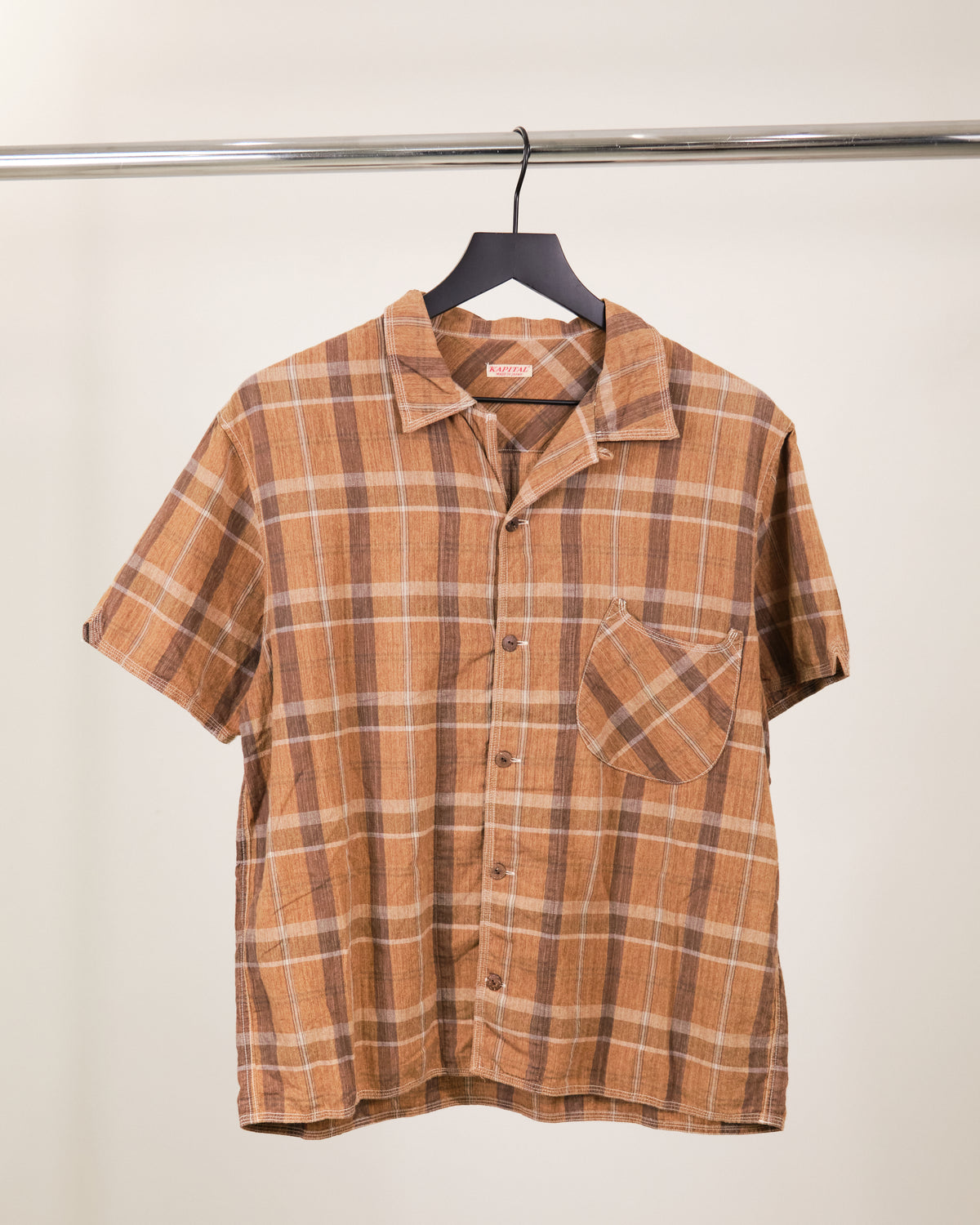 Kapital Linen Blend Check Open Collar Shirt