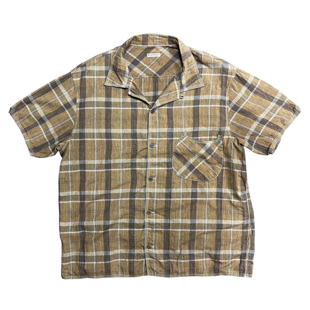 Kapital Linen Blend Check Open Collar Shirt